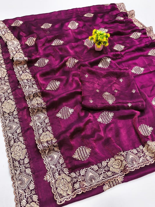 DF-PRATIKSHA FENDI SATIN SAREE WITH C PALLU EMBORIDERY WORK WITH BOX BUTTA DESIGN ON BODY WITH THREAD WORK AND HEAVY BLOUSE