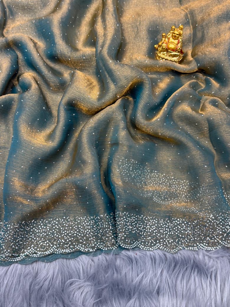 NN-2065 Space silk fabric with jharkhan pp guming work allover saree with tone to tone jharkhan work blouse