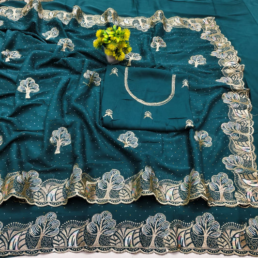 DF-MALTI FANCY PREMIUM SIMMER SAREE WITH BEAUTIFUL THREAD AND EMBORIDERY WORK WITH SIROSKI ALL OVER