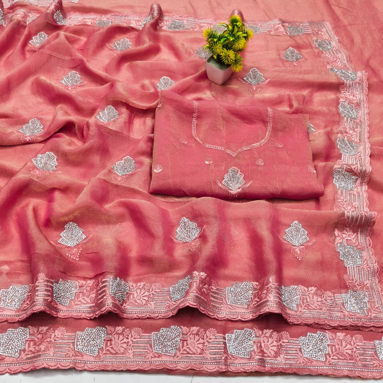 DF-TANK NC MOSS SAREE WITH EMBORIDERY THREAD WORK WITH JARKAN WORK AND HEAVY BLOUSE