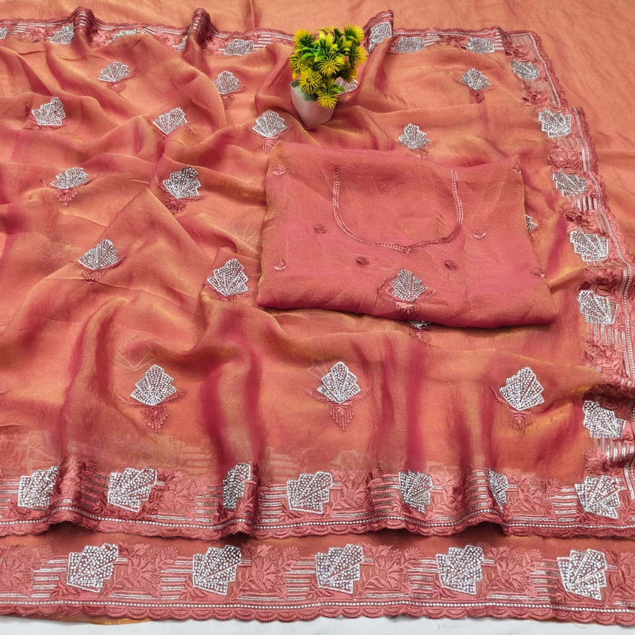 DF-TANK NC MOSS SAREE WITH EMBORIDERY THREAD WORK WITH JARKAN WORK AND HEAVY BLOUSE