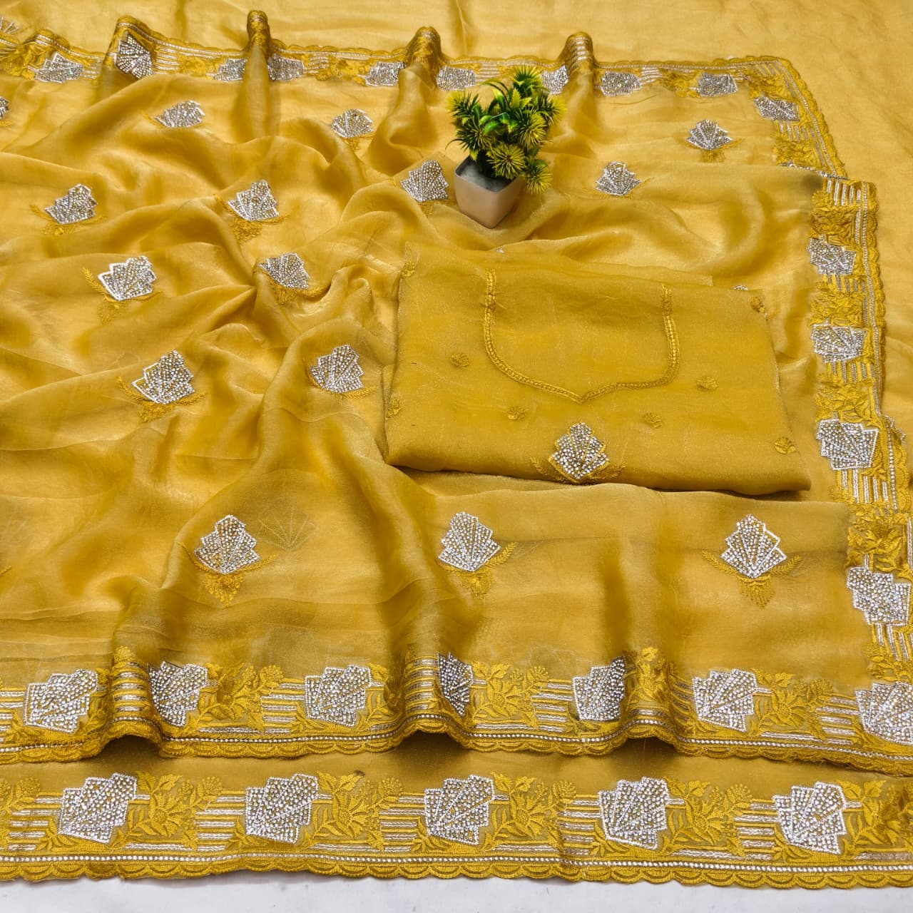 DF-TANK NC MOSS SAREE WITH EMBORIDERY THREAD WORK WITH JARKAN WORK AND HEAVY BLOUSE