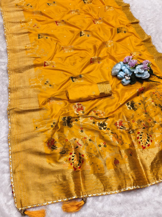 AJ-KOTA DYEABLE DOLA SILK SAREE WITH TAPELA DYING WITH BEAUTIFUL OPEN PALLI WITH FANCY LACE AND LUXURY TASSELS