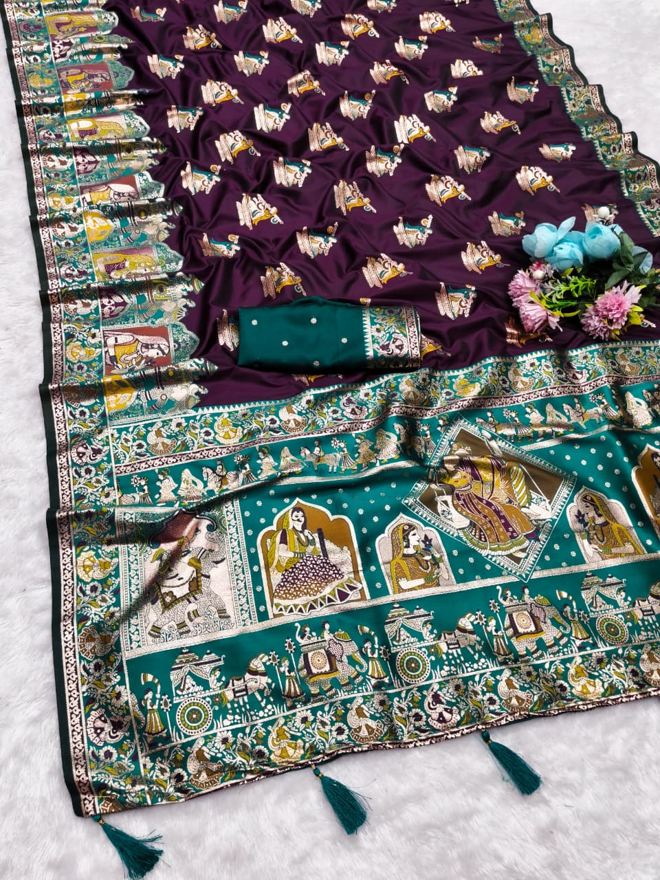 AJ-SEETA SOFT SILK SAREE WITH POSITION PRINT STYLE WEAVING DESIGN HEAVY WORK WITH RICH PALLU WITH TASSELS