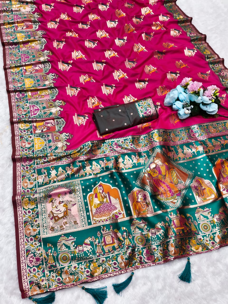 AJ-SEETA SOFT SILK SAREE WITH POSITION PRINT STYLE WEAVING DESIGN HEAVY WORK WITH RICH PALLU WITH TASSELS