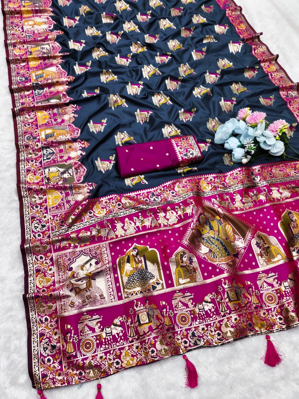 AJ-SEETA SOFT SILK SAREE WITH POSITION PRINT STYLE WEAVING DESIGN HEAVY WORK WITH RICH PALLU WITH TASSELS
