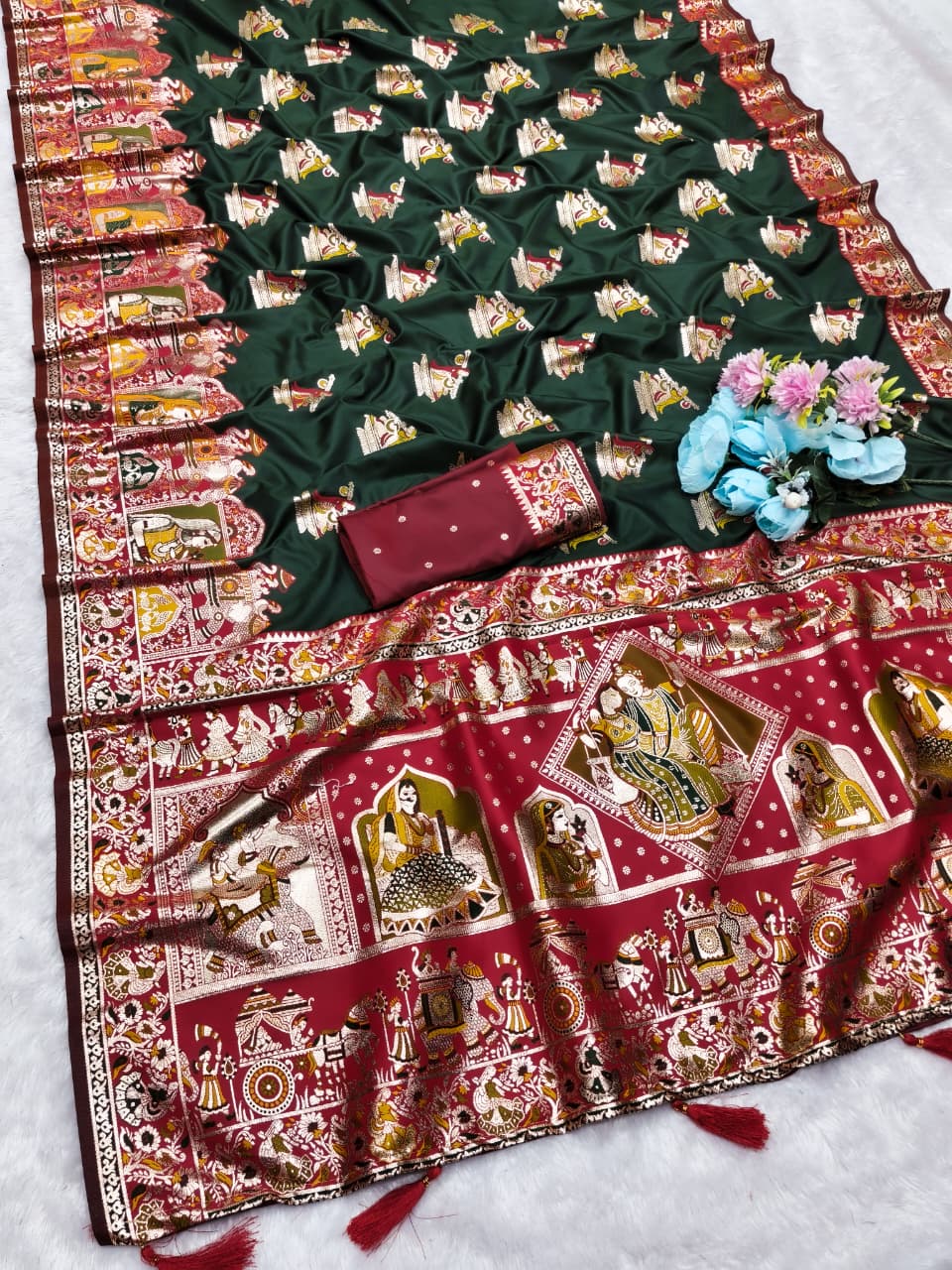 AJ-SEETA SOFT SILK SAREE WITH POSITION PRINT STYLE WEAVING DESIGN HEAVY WORK WITH RICH PALLU WITH TASSELS