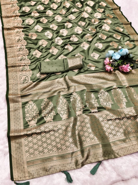 AJ-DIVYA-JYOTI SATIN MULBERRY SILK SAREE WITH HEAVY PALLU WITH BEAUTIFUL PATLI WORK DUSTY COLOR MATCHING