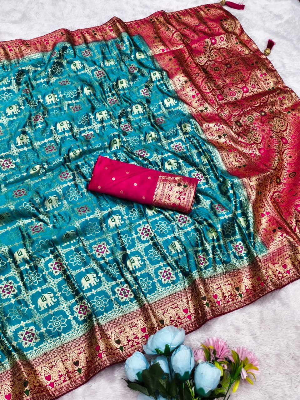 AJ-SATIN-GHARCHOLA SATIN SILK SAREE WITH GHATCHOLA BANDANI DESIGN WITH CHAAP DYING WITH CONTRAST BORDER WITH LUXURY TASSELS
