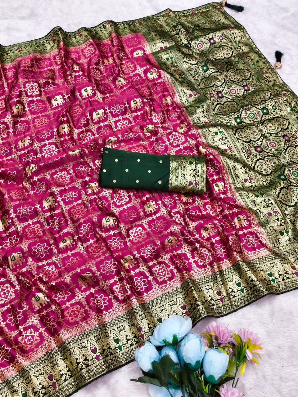 AJ-SATIN-GHARCHOLA SATIN SILK SAREE WITH GHATCHOLA BANDANI DESIGN WITH CHAAP DYING WITH CONTRAST BORDER WITH LUXURY TASSELS