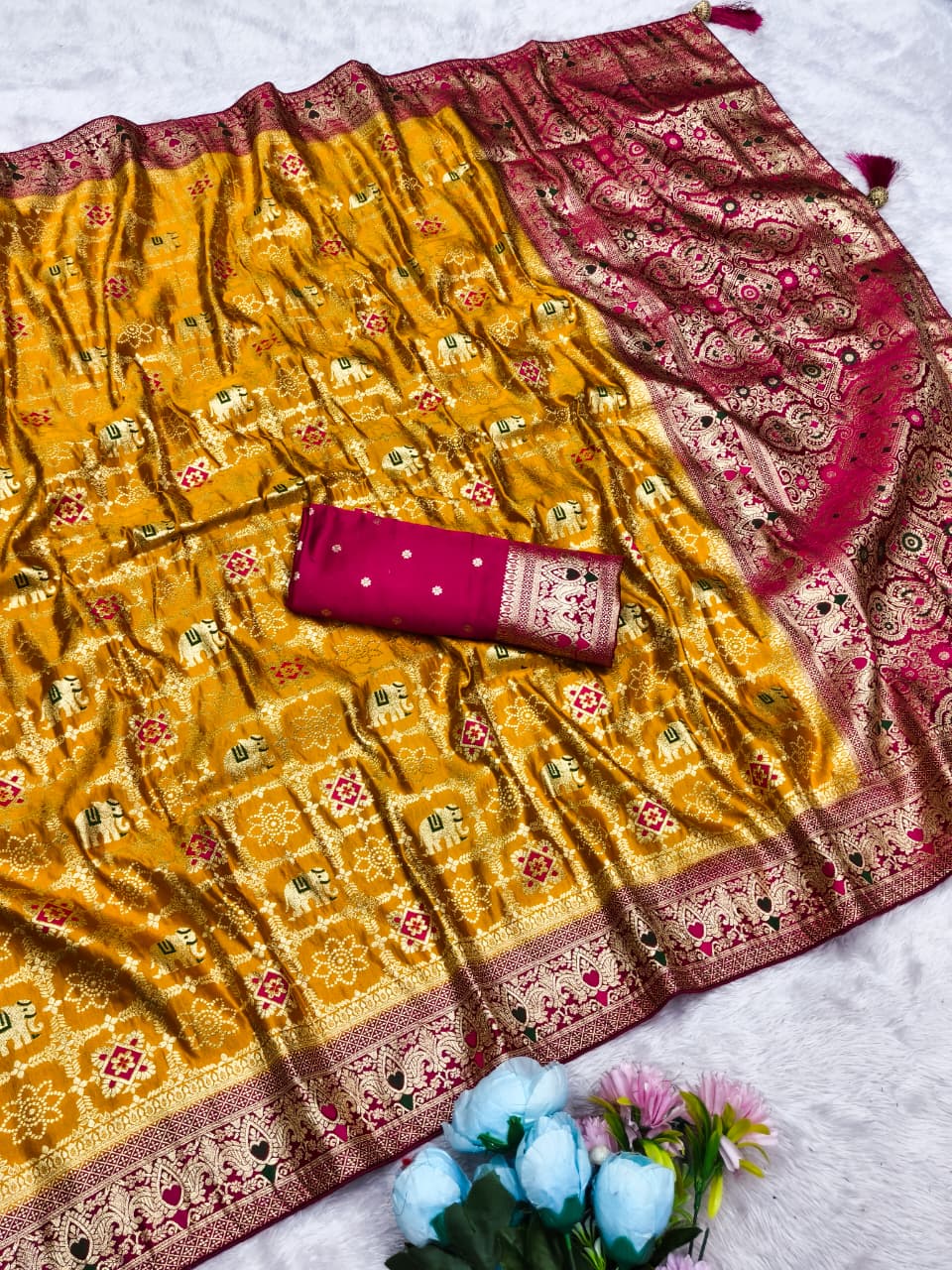 AJ-SATIN-GHARCHOLA SATIN SILK SAREE WITH GHATCHOLA BANDANI DESIGN WITH CHAAP DYING WITH CONTRAST BORDER WITH LUXURY TASSELS