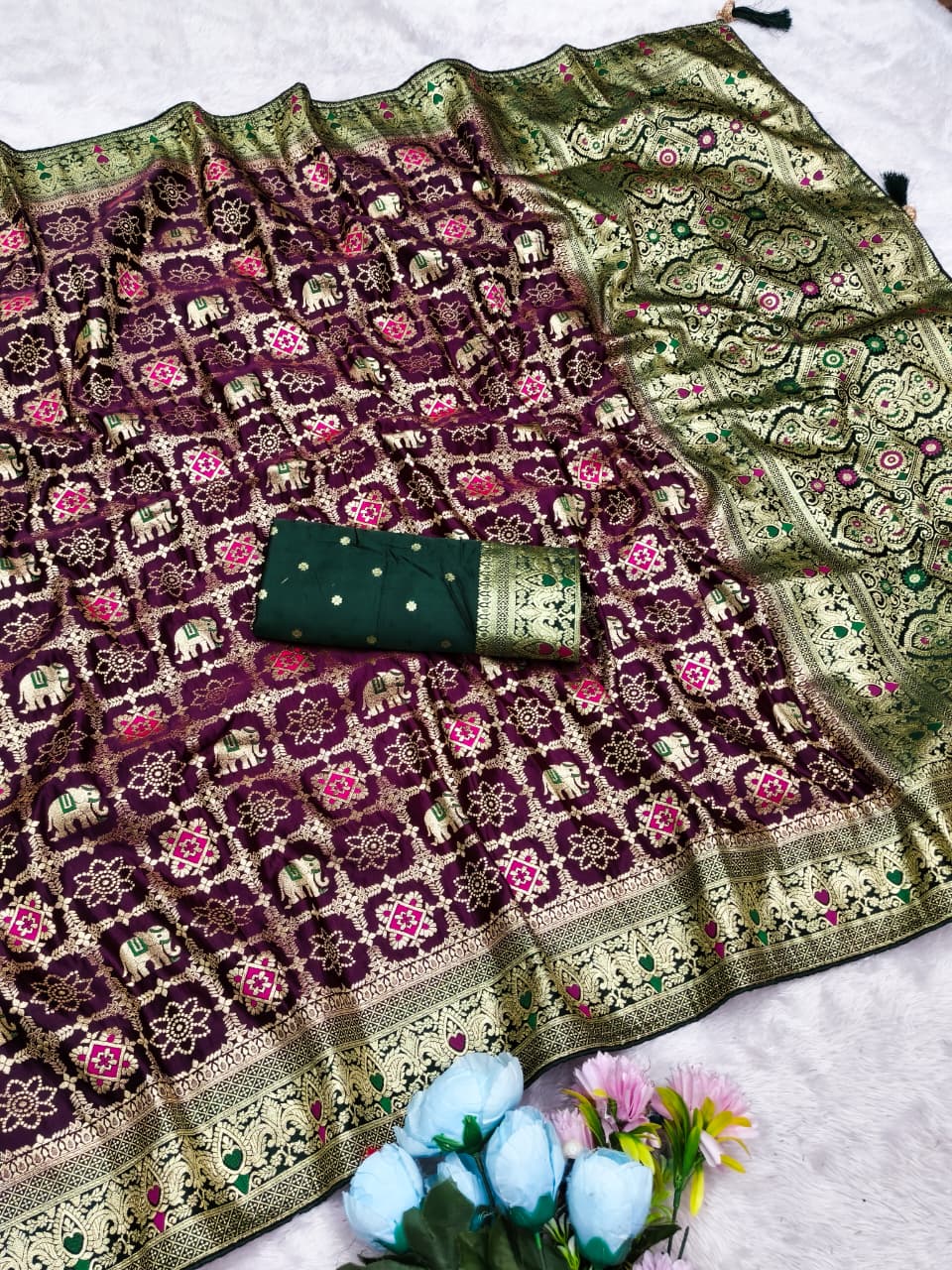 AJ-SATIN-GHARCHOLA SATIN SILK SAREE WITH GHATCHOLA BANDANI DESIGN WITH CHAAP DYING WITH CONTRAST BORDER WITH LUXURY TASSELS