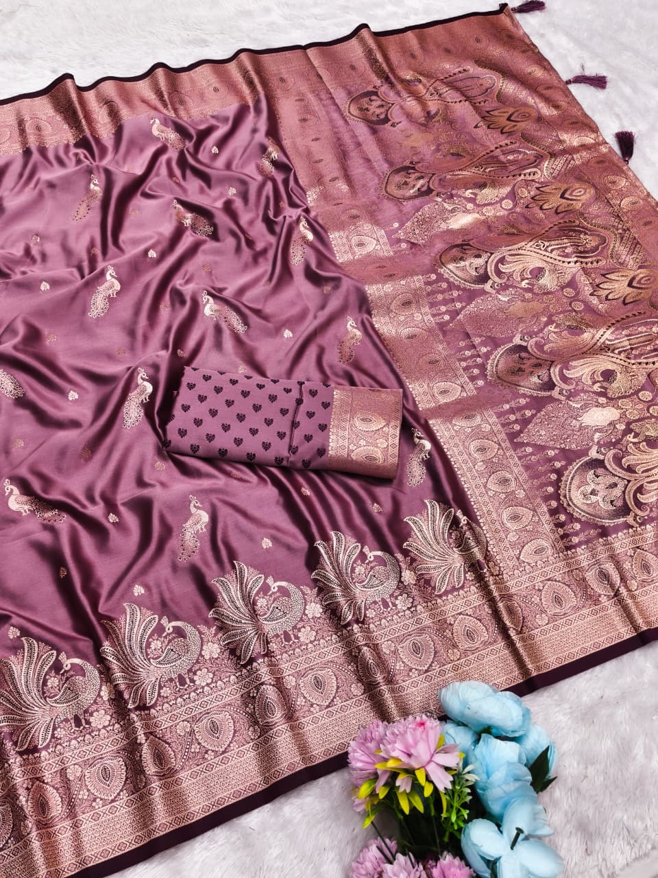 AJ-SATHIYA SATIN MULBERRY SILK SAREE WITH HEAVY PALLU WITH BEAUTIFUL PATLI WORK DUSTY COLOR MATCHING