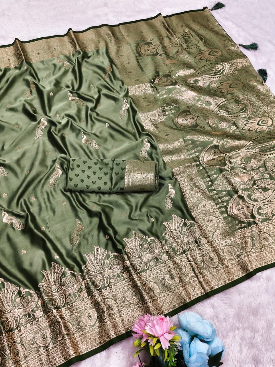 AJ-SATHIYA SATIN MULBERRY SILK SAREE WITH HEAVY PALLU WITH BEAUTIFUL PATLI WORK DUSTY COLOR MATCHING