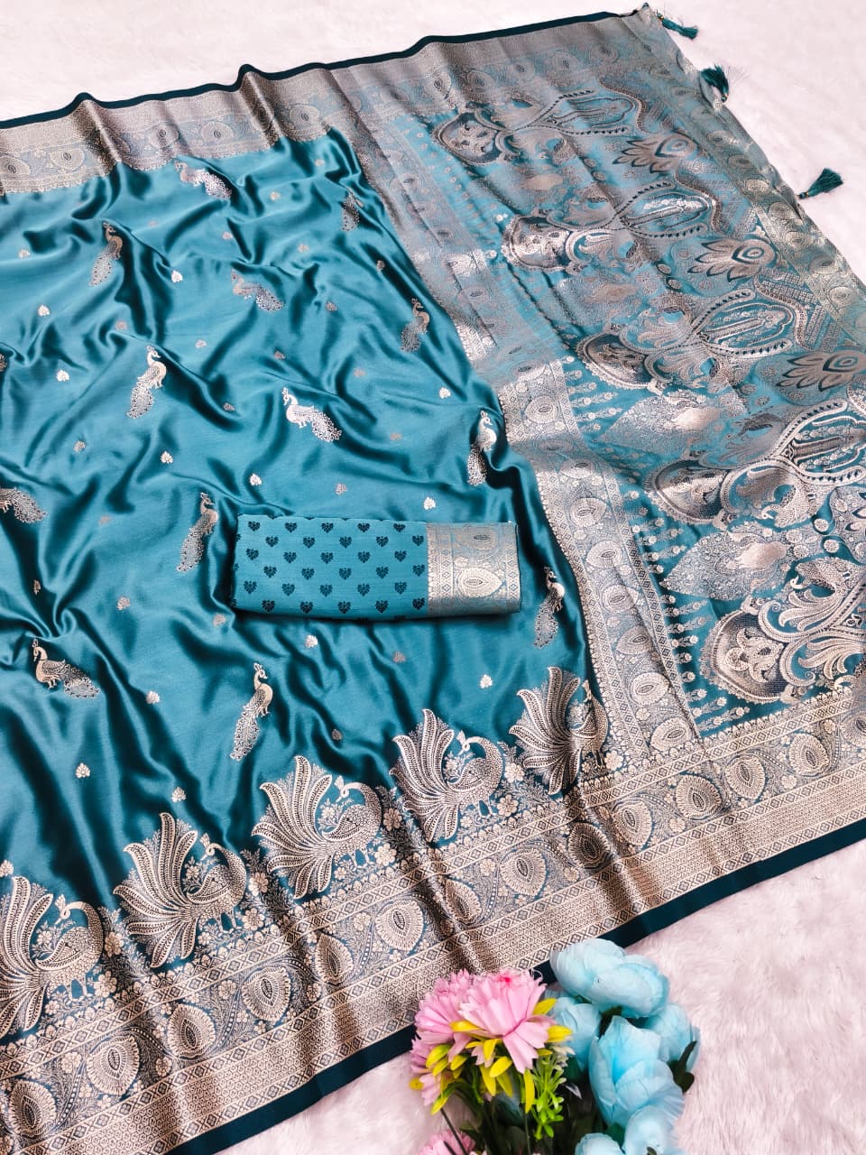 AJ-SATHIYA SATIN MULBERRY SILK SAREE WITH HEAVY PALLU WITH BEAUTIFUL PATLI WORK DUSTY COLOR MATCHING