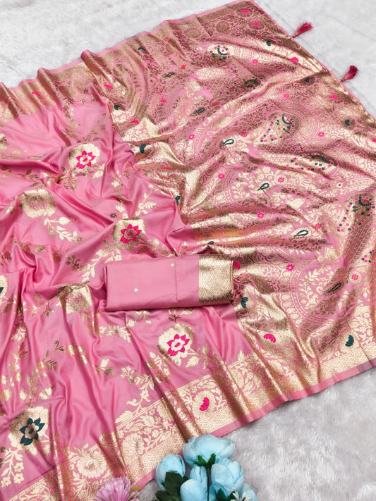 AJ-MOHINI SOFT 50/600 SILK WITH BANARASI JAREE WITH BEAUTIFUL LIGHT MATCHING ELEGANT DESIGN WITH HEAVY JHAL WORK