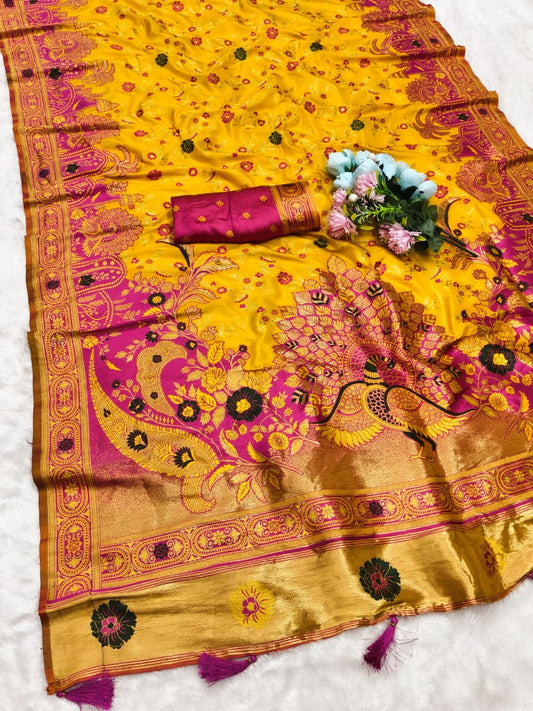 AJ-NAVYA EUROPIAN DOLA SILK SAREE WITH HEAVY GRAND PALLU WITH CONTRAST BORDER TAPELA DYING WITH LAGNI PATTA AND JHAL DESIGN ON BODY