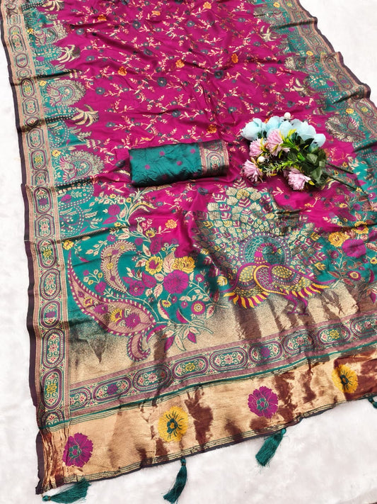 AJ-NAVYA EUROPIAN DOLA SILK SAREE WITH HEAVY GRAND PALLU WITH CONTRAST BORDER TAPELA DYING WITH LAGNI PATTA AND JHAL DESIGN ON BODY