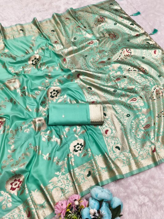 AJ-MOHINI SOFT 50/600 SILK WITH BANARASI JAREE WITH BEAUTIFUL LIGHT MATCHING ELEGANT DESIGN WITH HEAVY JHAL WORK