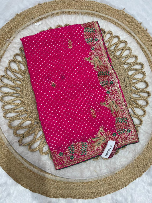 DF-CHUNRI CYC BANDANI SAREE WITH FOIL AND HEAVY EMBRODIERY WORK WITH DMC SIROSKI WITH CONTRAST PIPING AND BLOUSE