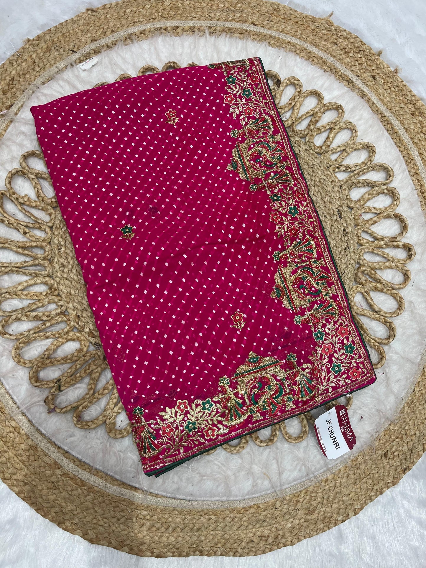 DF-CHUNRI CYC BANDANI SAREE WITH FOIL AND HEAVY EMBRODIERY WORK WITH DMC SIROSKI WITH CONTRAST PIPING AND BLOUSE