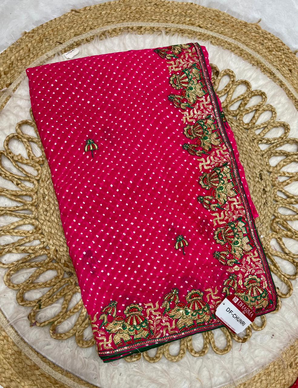 DF-CHUNRI CYC BANDANI SAREE WITH FOIL AND HEAVY EMBRODIERY WORK WITH DMC SIROSKI WITH CONTRAST PIPING AND BLOUSE