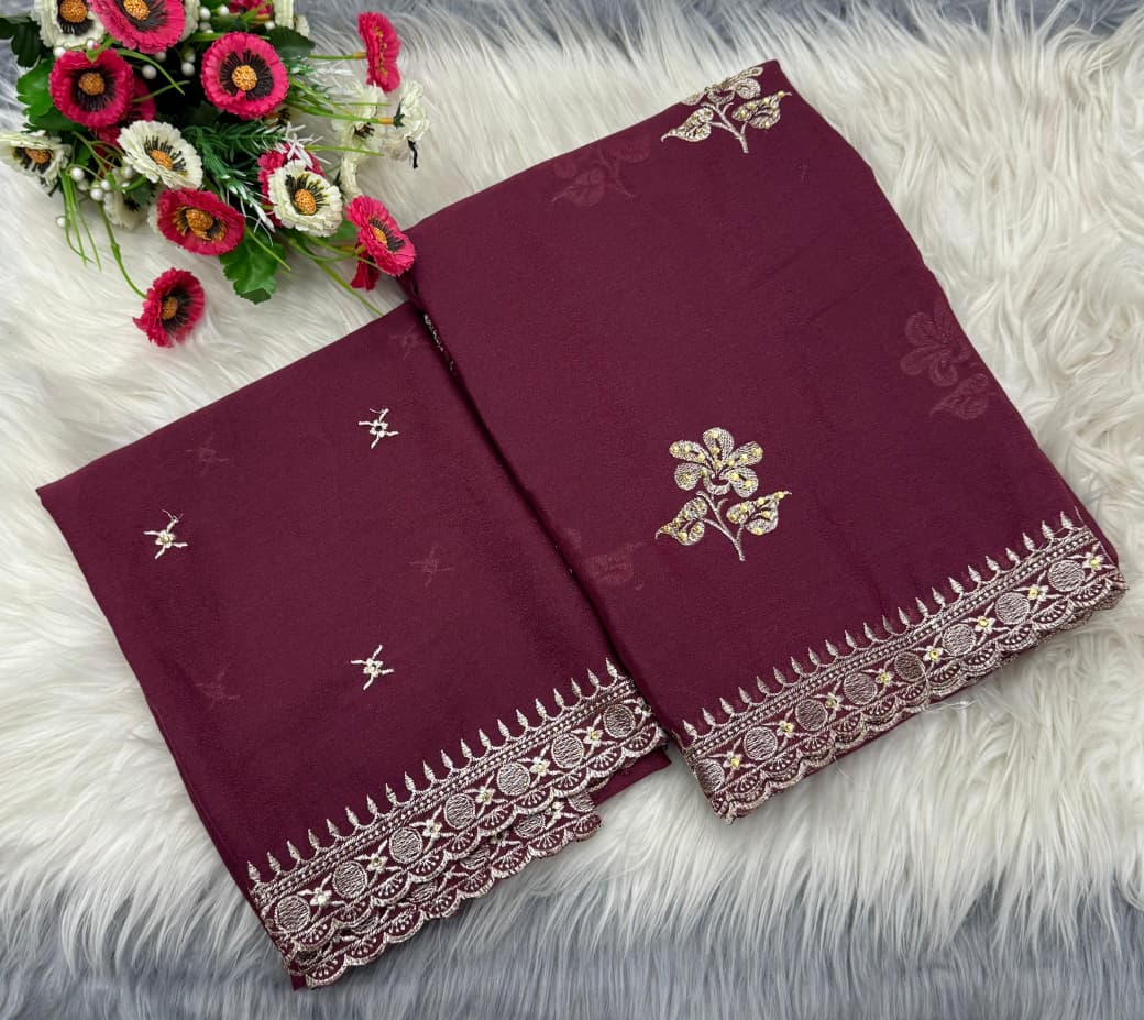 NN-2066 Star georgett fabric with c-pallu with multi colour work desgin with Contrast rich embroidary heavy work blouse