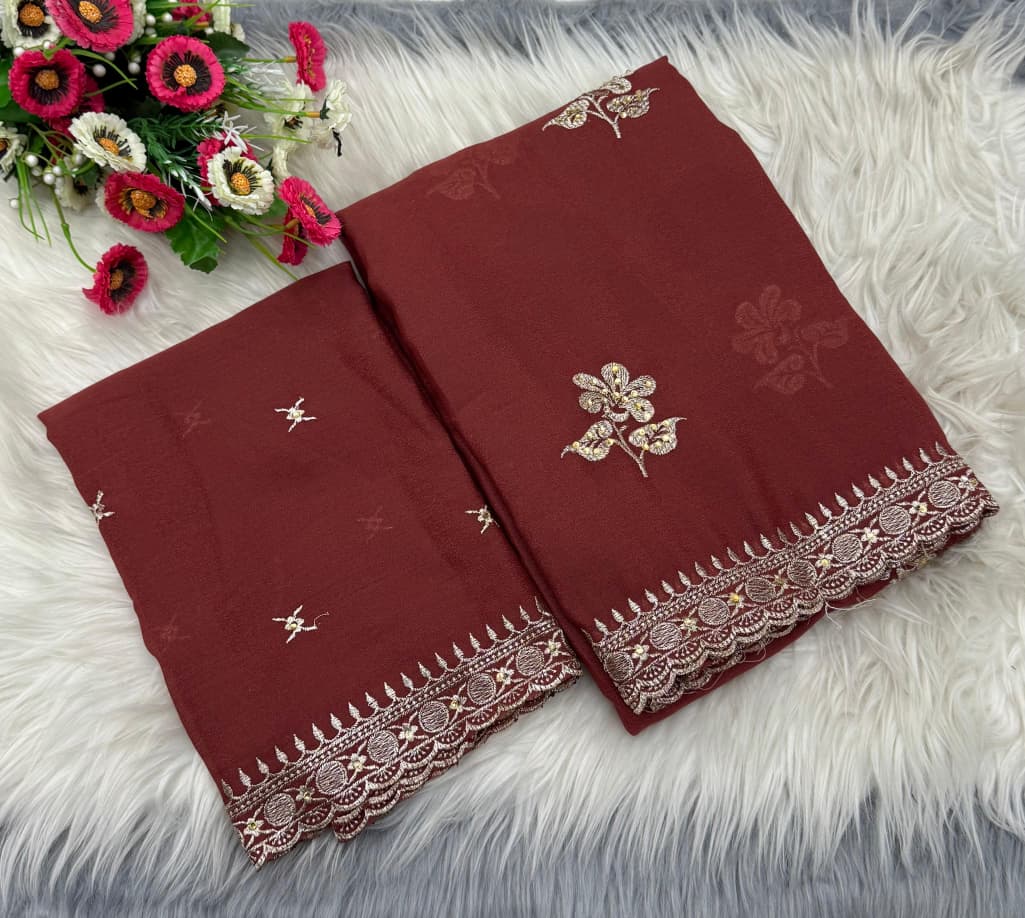 NN-2066 Star georgett fabric with c-pallu with multi colour work desgin with Contrast rich embroidary heavy work blouse