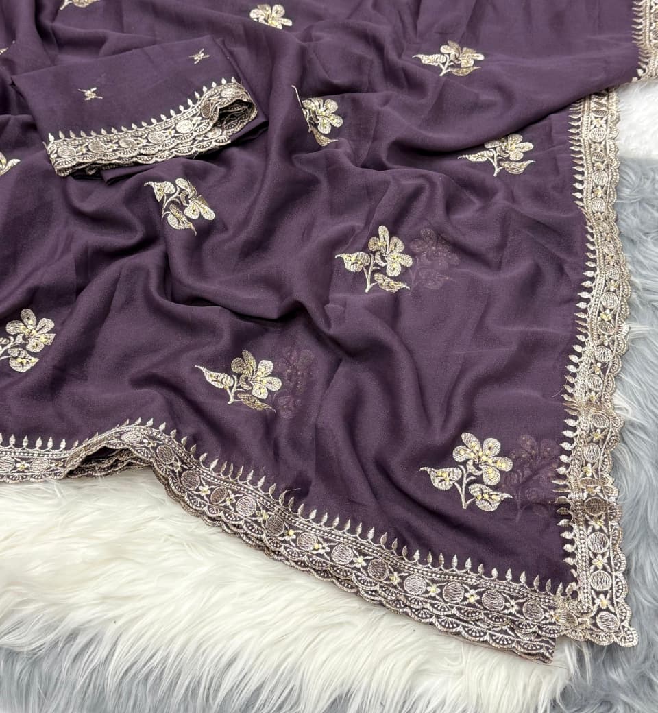 NN-2066 Star georgett fabric with c-pallu with multi colour work desgin with Contrast rich embroidary heavy work blouse