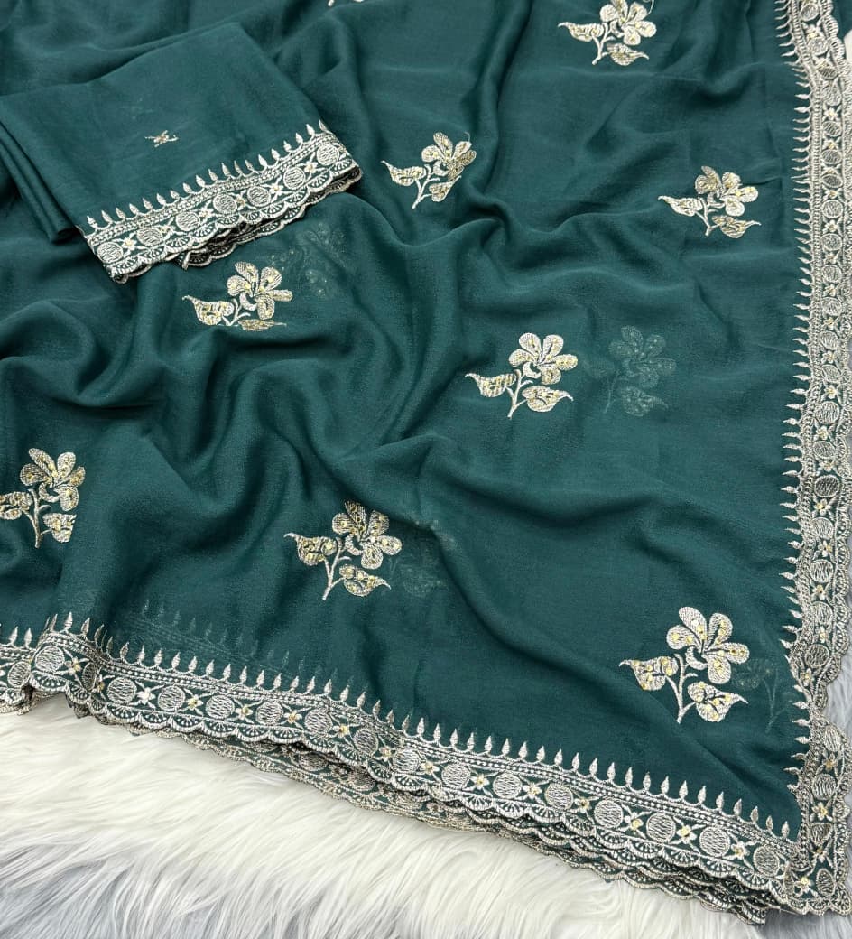 NN-2066 Star georgett fabric with c-pallu with multi colour work desgin with Contrast rich embroidary heavy work blouse