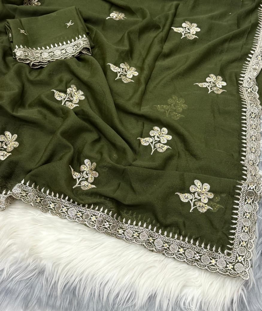 NN-2066 Star georgett fabric with c-pallu with multi colour work desgin with Contrast rich embroidary heavy work blouse