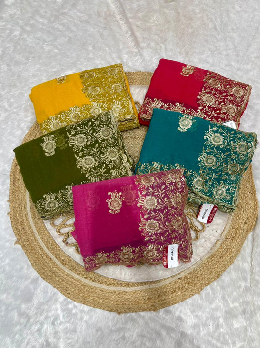 DF-KAJU SIMMER SAREE WITH BEAUTIFUL HEAVY EMBORIDERY WORK
