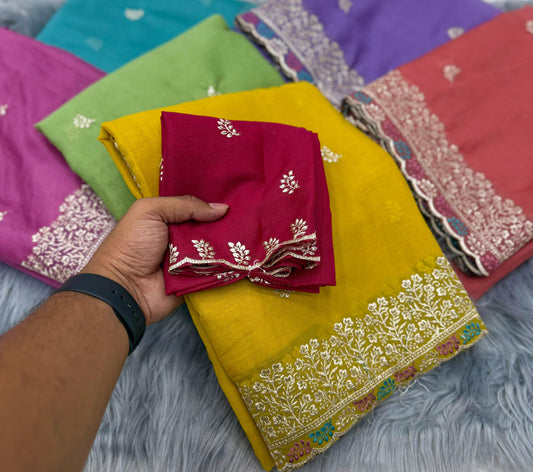 NN-2073 orgenza pattern saree with beautiful satin patta allover saree with embroidary work allover saree with contrast rich embroidary blouse