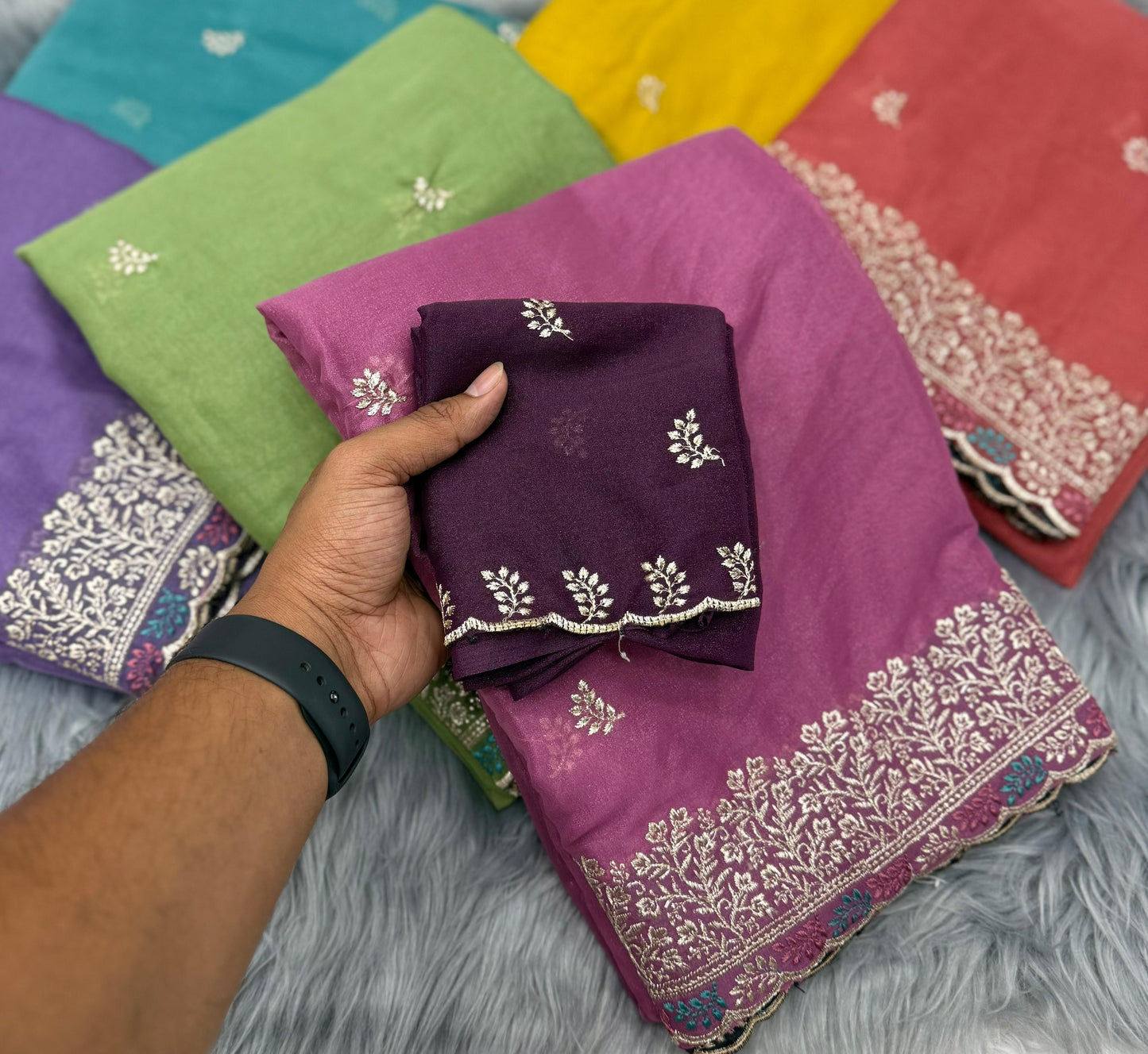 NN-2073 orgenza pattern saree with beautiful satin patta allover saree with embroidary work allover saree with contrast rich embroidary blouse