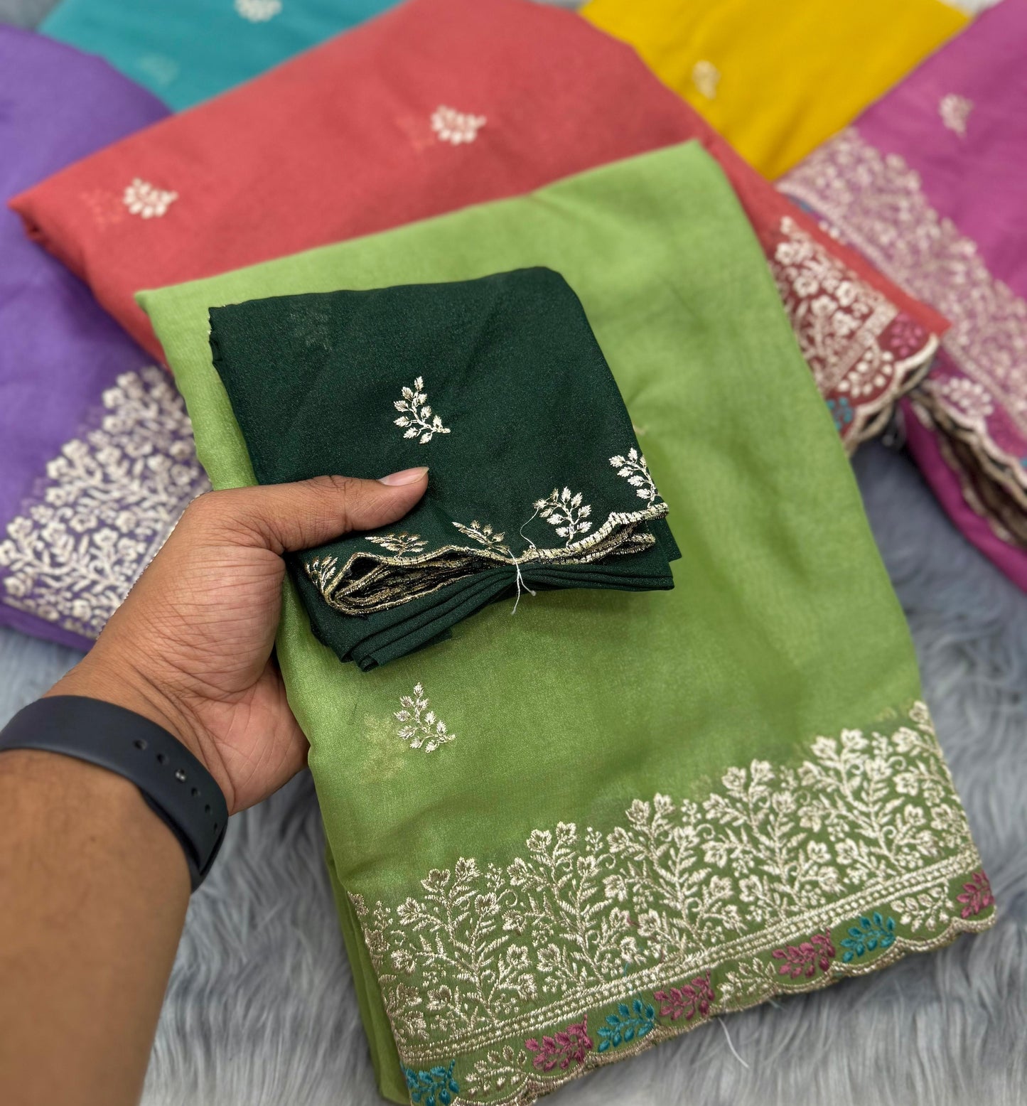 NN-2073 orgenza pattern saree with beautiful satin patta allover saree with embroidary work allover saree with contrast rich embroidary blouse