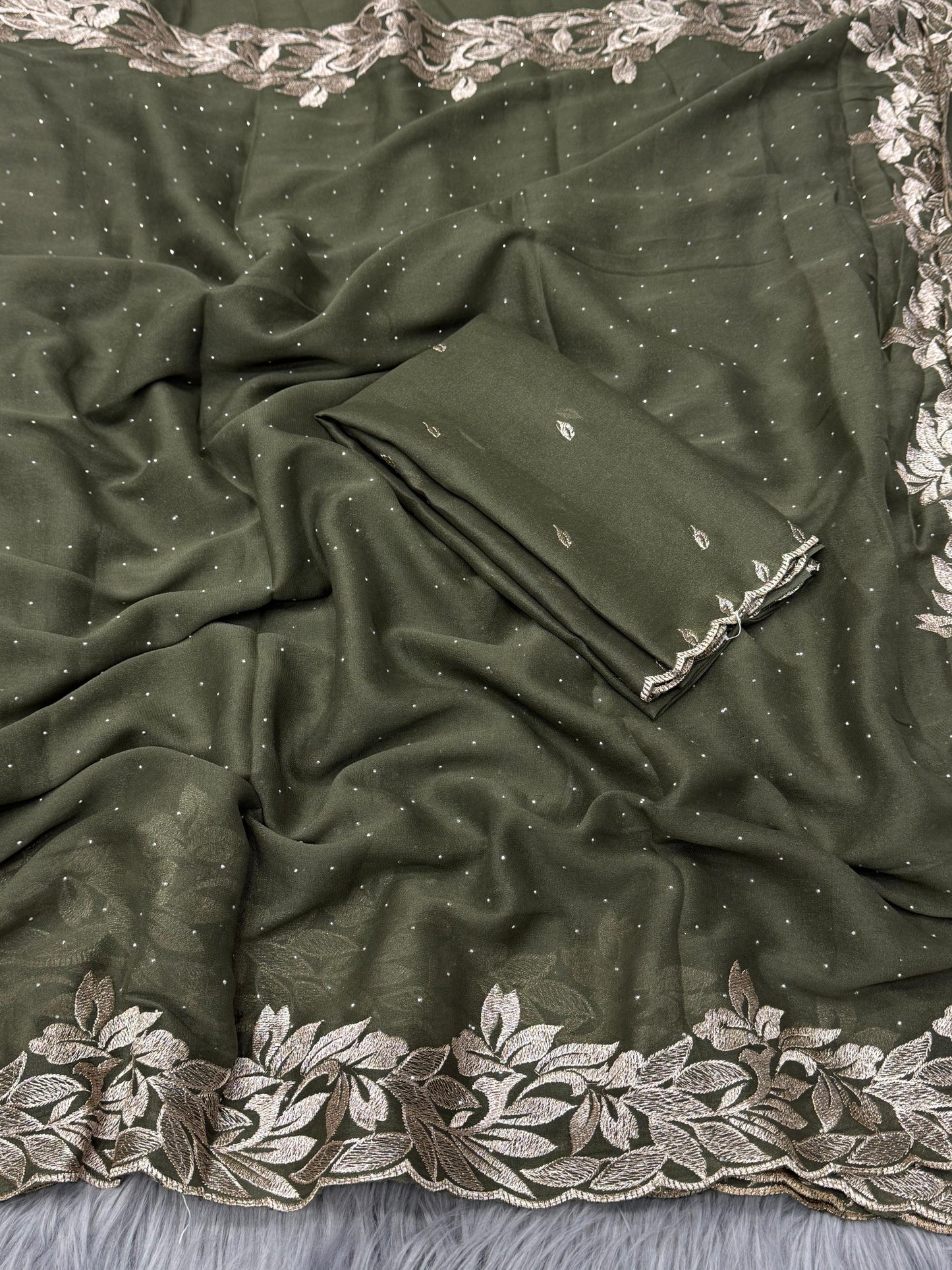 NN-2074 Star georgette fabric with beautiful C-pallu embroidery with siroski allover saree with Tone to tone embroidary work blouse