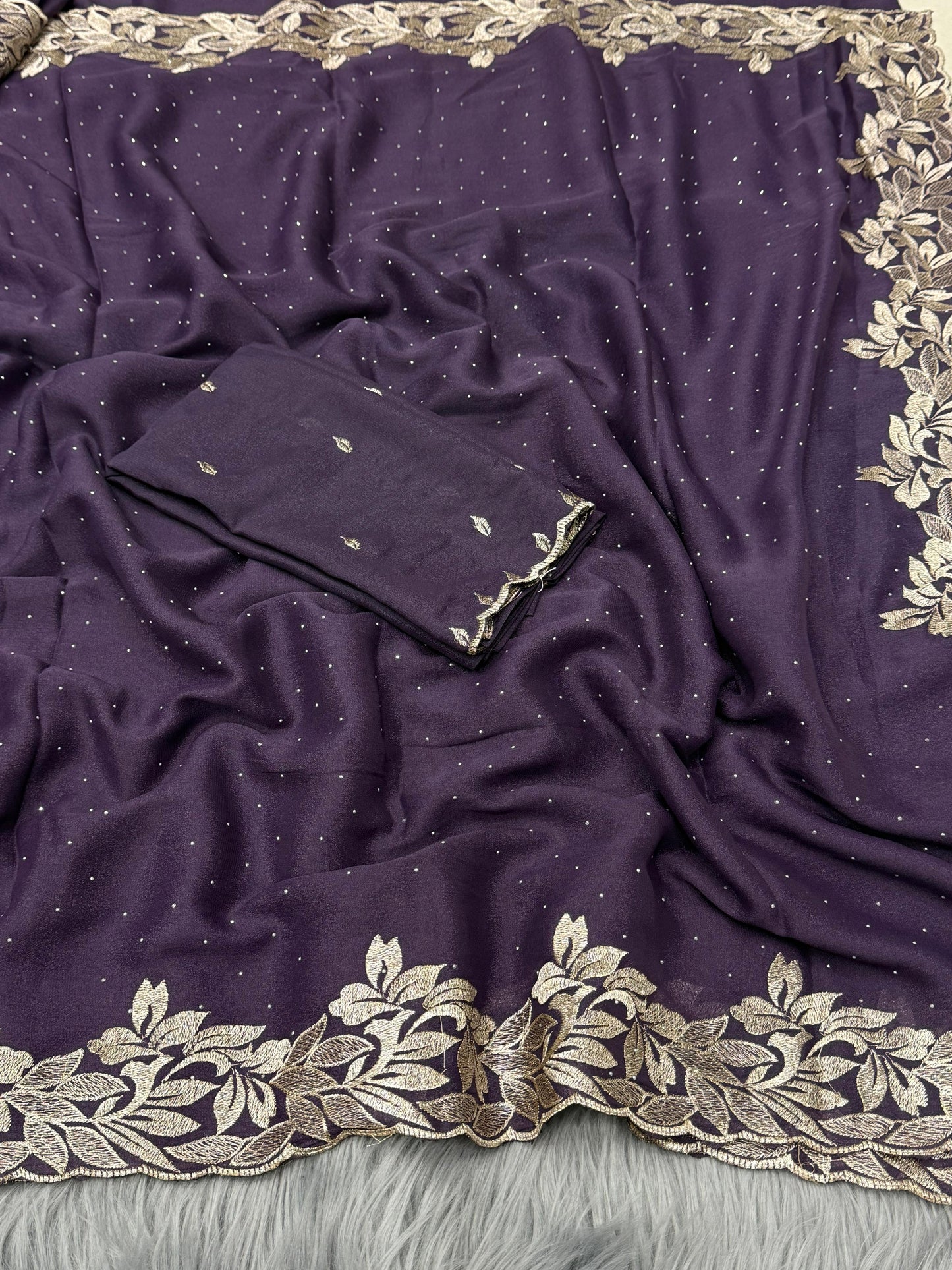 NN-2074 Star georgette fabric with beautiful C-pallu embroidery with siroski allover saree with Tone to tone embroidary work blouse