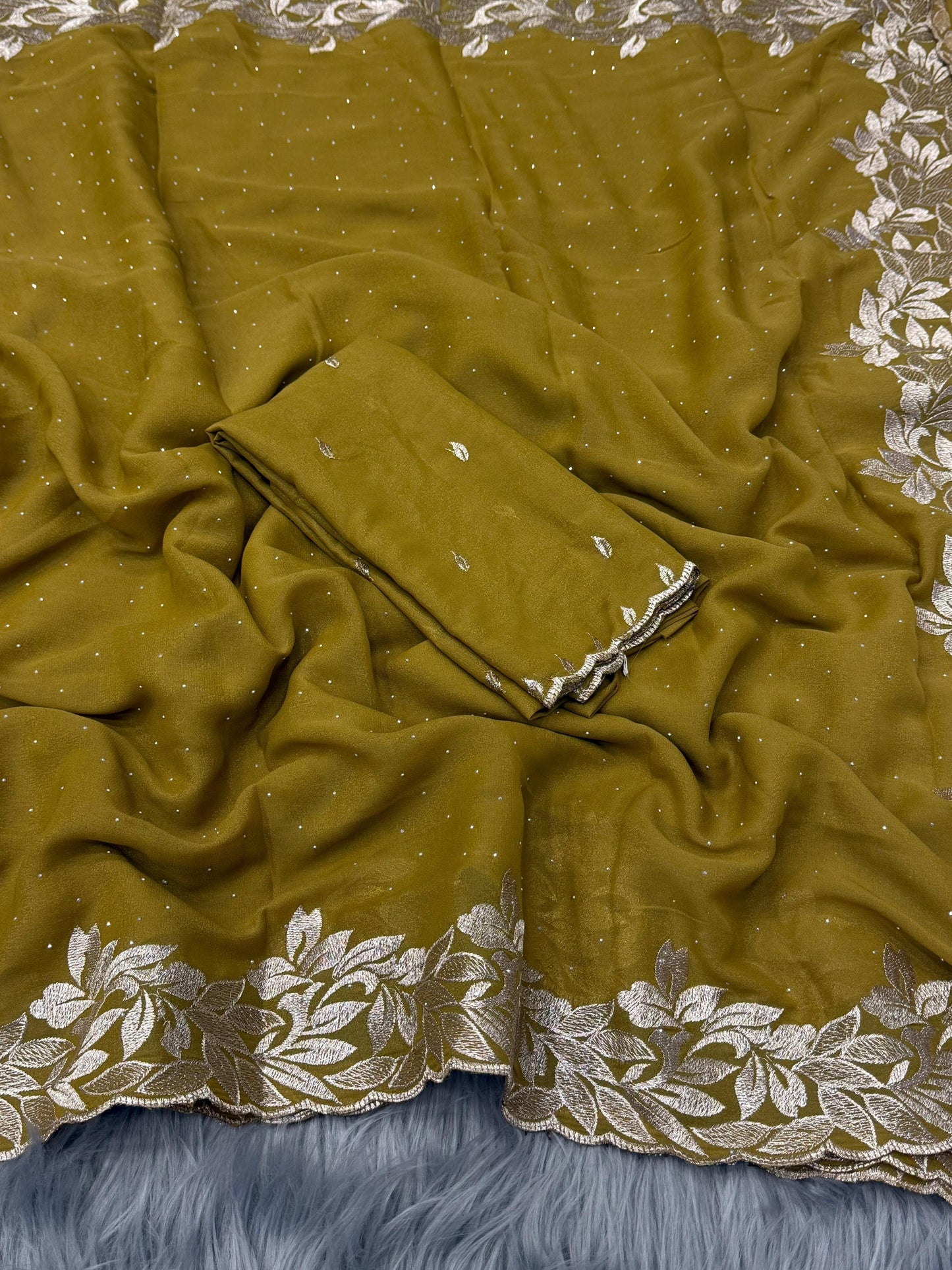 NN-2074 Star georgette fabric with beautiful C-pallu embroidery with siroski allover saree with Tone to tone embroidary work blouse