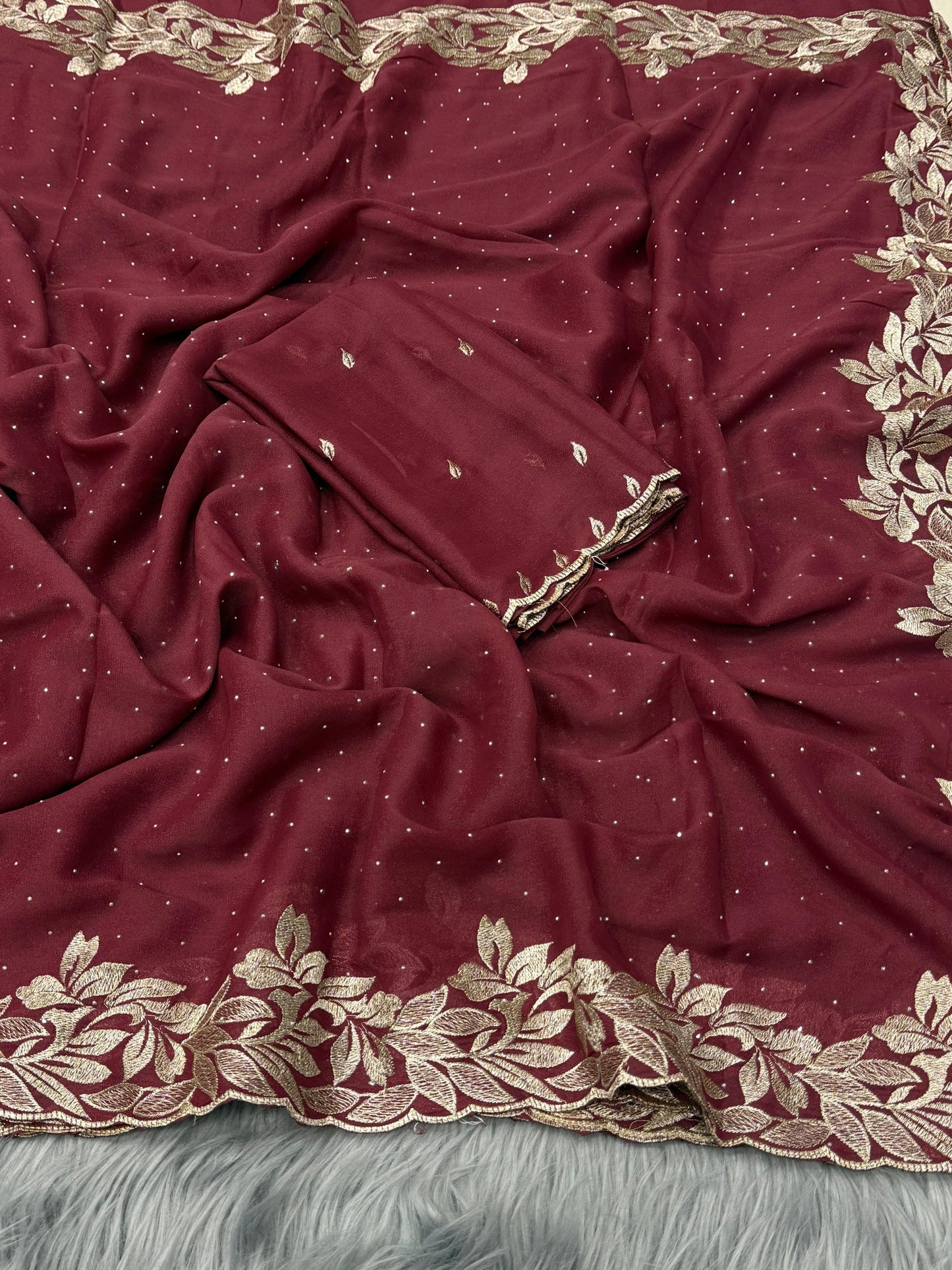 NN-2074 Star georgette fabric with beautiful C-pallu embroidery with siroski allover saree with Tone to tone embroidary work blouse