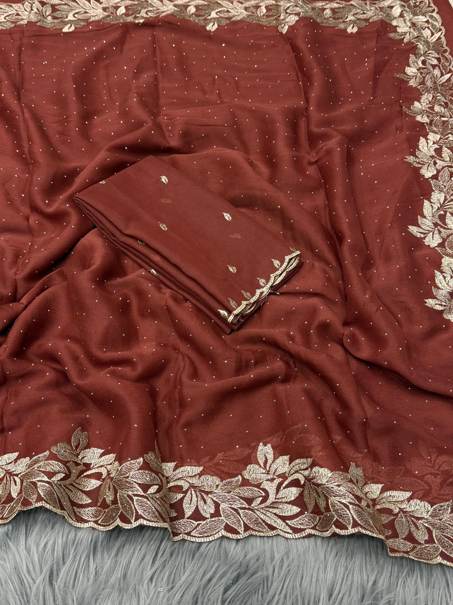 NN-2074 Star georgette fabric with beautiful C-pallu embroidery with siroski allover saree with Tone to tone embroidary work blouse