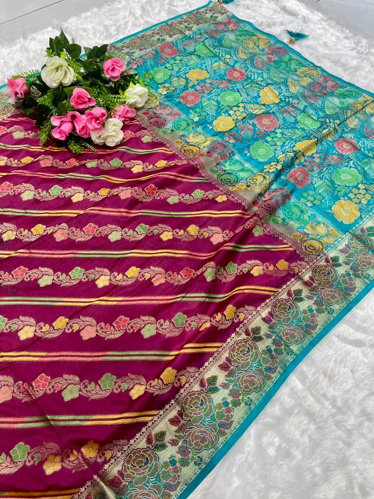 AJ-BAHUBALI MONICA SILK SAREE WITH 2D DYING WITH FLOWER ELEGANT RICH PALLU WITH BEAUTFIUL LAHERIA  DESIGN ON BODY WITH HEAVY BLOUSE