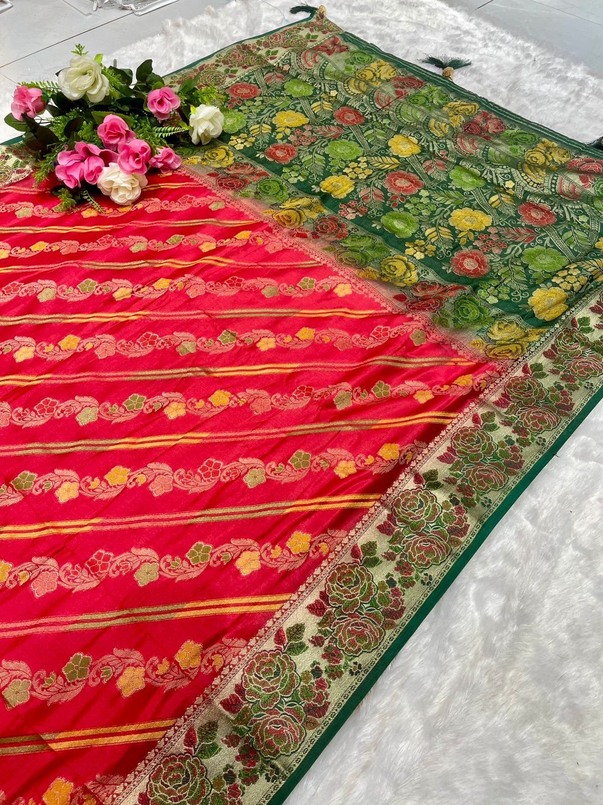 AJ-BAHUBALI MONICA SILK SAREE WITH 2D DYING WITH FLOWER ELEGANT RICH PALLU WITH BEAUTFIUL LAHERIA  DESIGN ON BODY WITH HEAVY BLOUSE