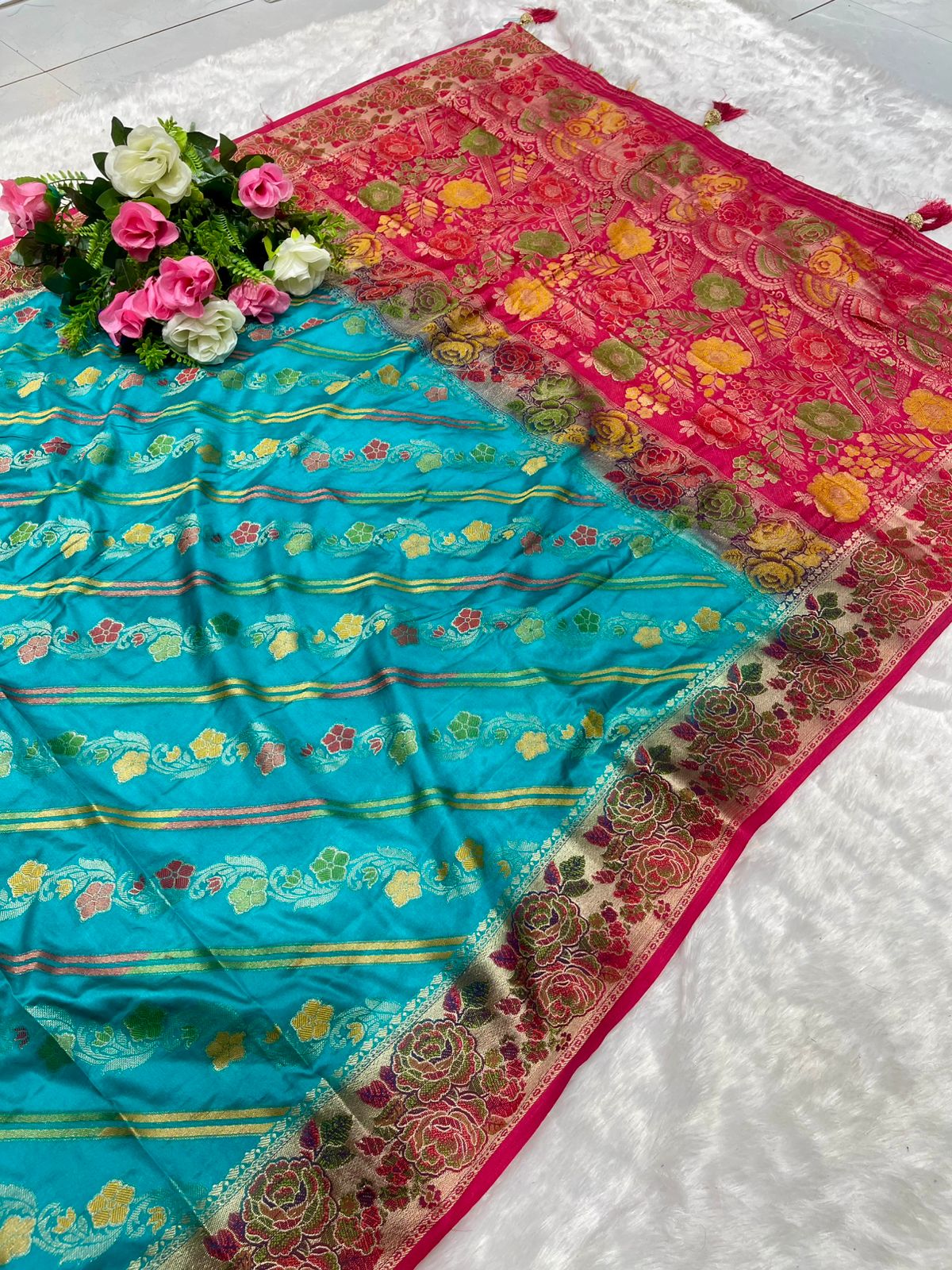AJ-BAHUBALI MONICA SILK SAREE WITH 2D DYING WITH FLOWER ELEGANT RICH PALLU WITH BEAUTFIUL LAHERIA  DESIGN ON BODY WITH HEAVY BLOUSE