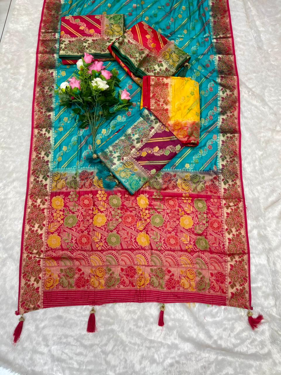 AJ-BAHUBALI MONICA SILK SAREE WITH 2D DYING WITH FLOWER ELEGANT RICH PALLU WITH BEAUTFIUL LAHERIA  DESIGN ON BODY WITH HEAVY BLOUSE