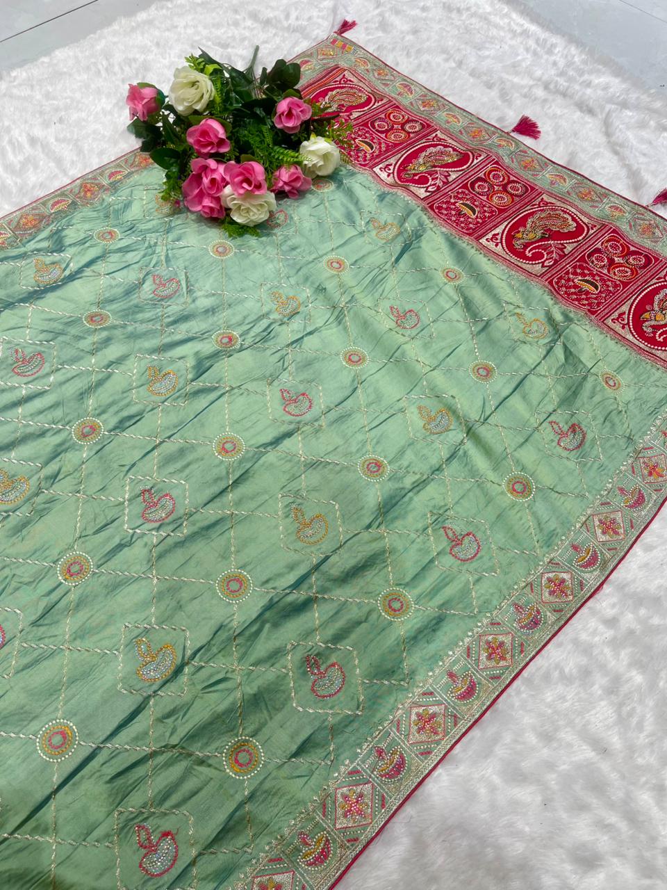 BS-RADHIKA SATIN KANJIVARAM SILK GHATCHOLA GUJRATI DESIGN WITH RICH PALLI AND BEAUTFIUL BODY DESIGN WITH CONTRAST BLOUSE WITH HEAVY WORK