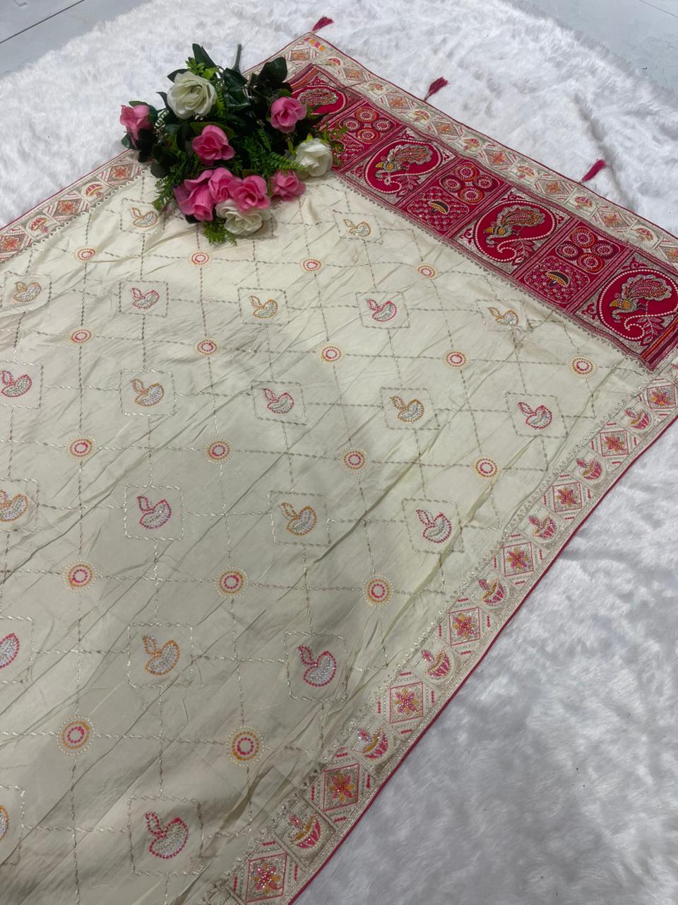 BS-RADHIKA SATIN KANJIVARAM SILK GHATCHOLA GUJRATI DESIGN WITH RICH PALLI AND BEAUTFIUL BODY DESIGN WITH CONTRAST BLOUSE WITH HEAVY WORK