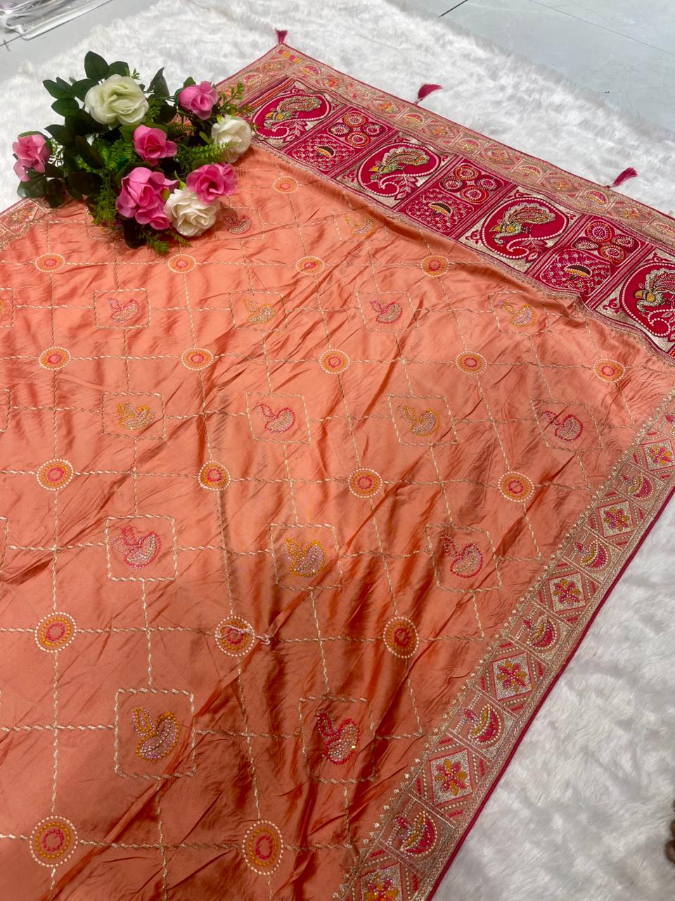 BS-RADHIKA SATIN KANJIVARAM SILK GHATCHOLA GUJRATI DESIGN WITH RICH PALLI AND BEAUTFIUL BODY DESIGN WITH CONTRAST BLOUSE WITH HEAVY WORK