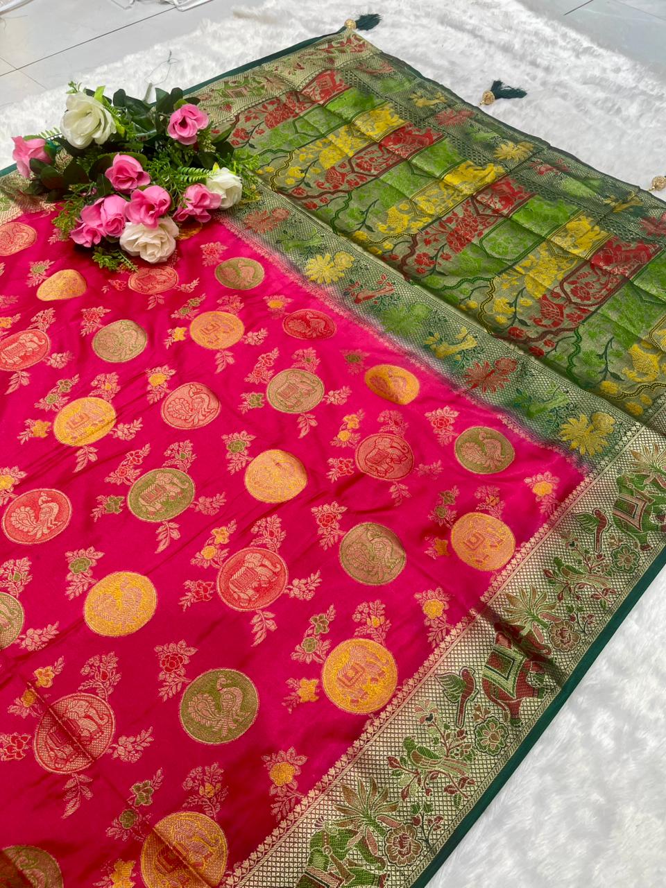 AJ-MARIO MONICA SILK SAREE WITH 2D DYING WITH FLOWER ELEGANT RICH PALLU WITH BEAUTFIUL GAJRAJ PEACOCK DESIGN ON BODY WITH HEAVY BLOUSE