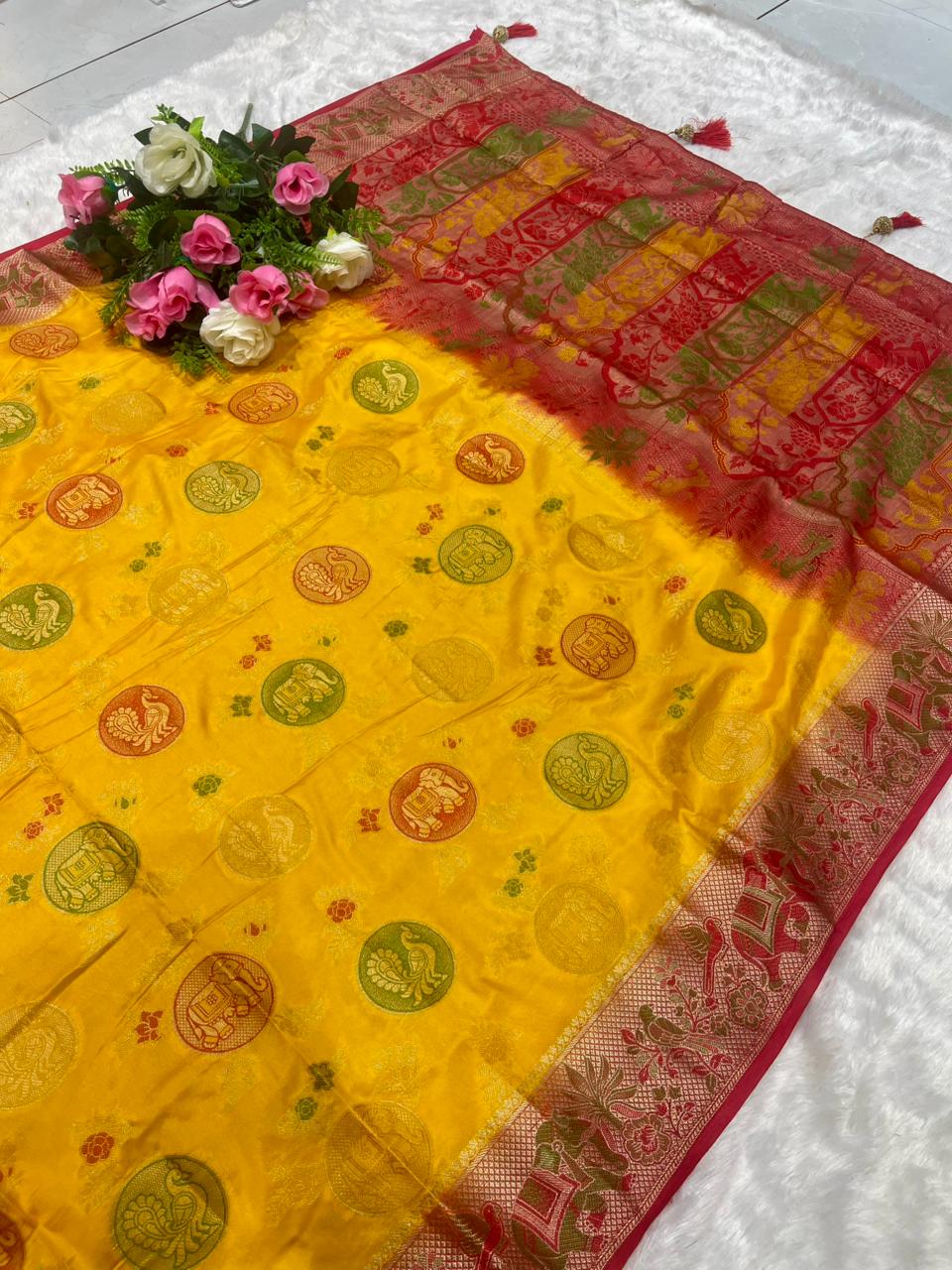 AJ-MARIO MONICA SILK SAREE WITH 2D DYING WITH FLOWER ELEGANT RICH PALLU WITH BEAUTFIUL GAJRAJ PEACOCK DESIGN ON BODY WITH HEAVY BLOUSE