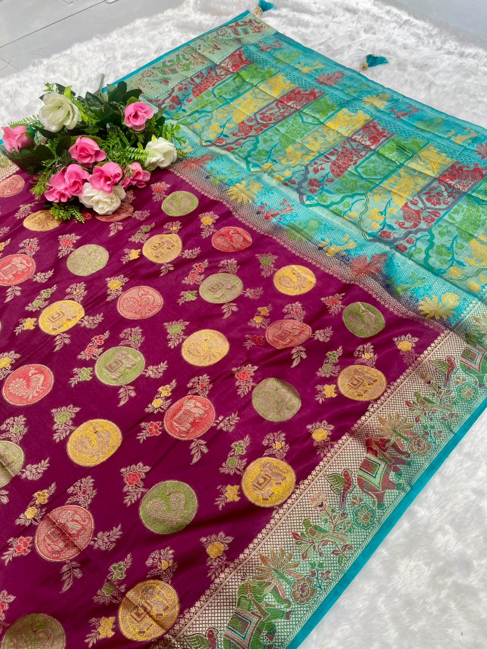 AJ-MARIO MONICA SILK SAREE WITH 2D DYING WITH FLOWER ELEGANT RICH PALLU WITH BEAUTFIUL GAJRAJ PEACOCK DESIGN ON BODY WITH HEAVY BLOUSE